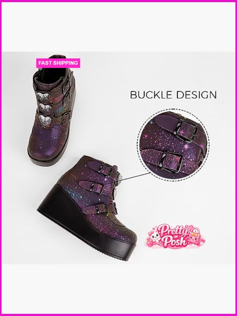 Platform Chunky Ankle Boots Round Toe Zipper Wedges High Heels Rave Buckle - Picture 6 of 7